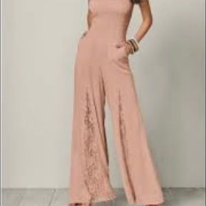 Camel/beige lace detail strapless jumpsuit
